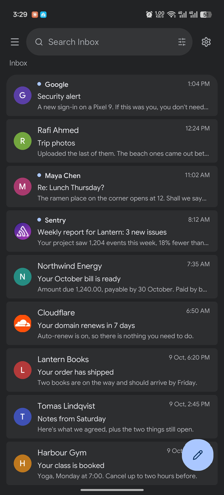 Mailcoach's inbox: unread mail marked with a dot, each row showing sender, subject and the first line